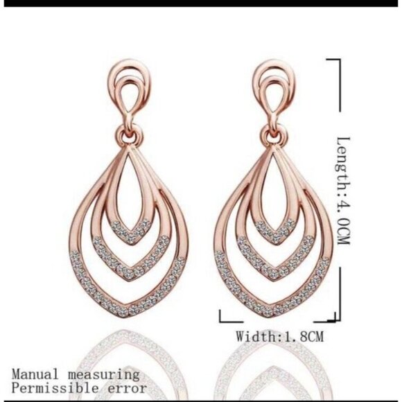 Rose Gold Plated Crystals Dangle Teardrop Fashion Earrings - Picture 2 of 3